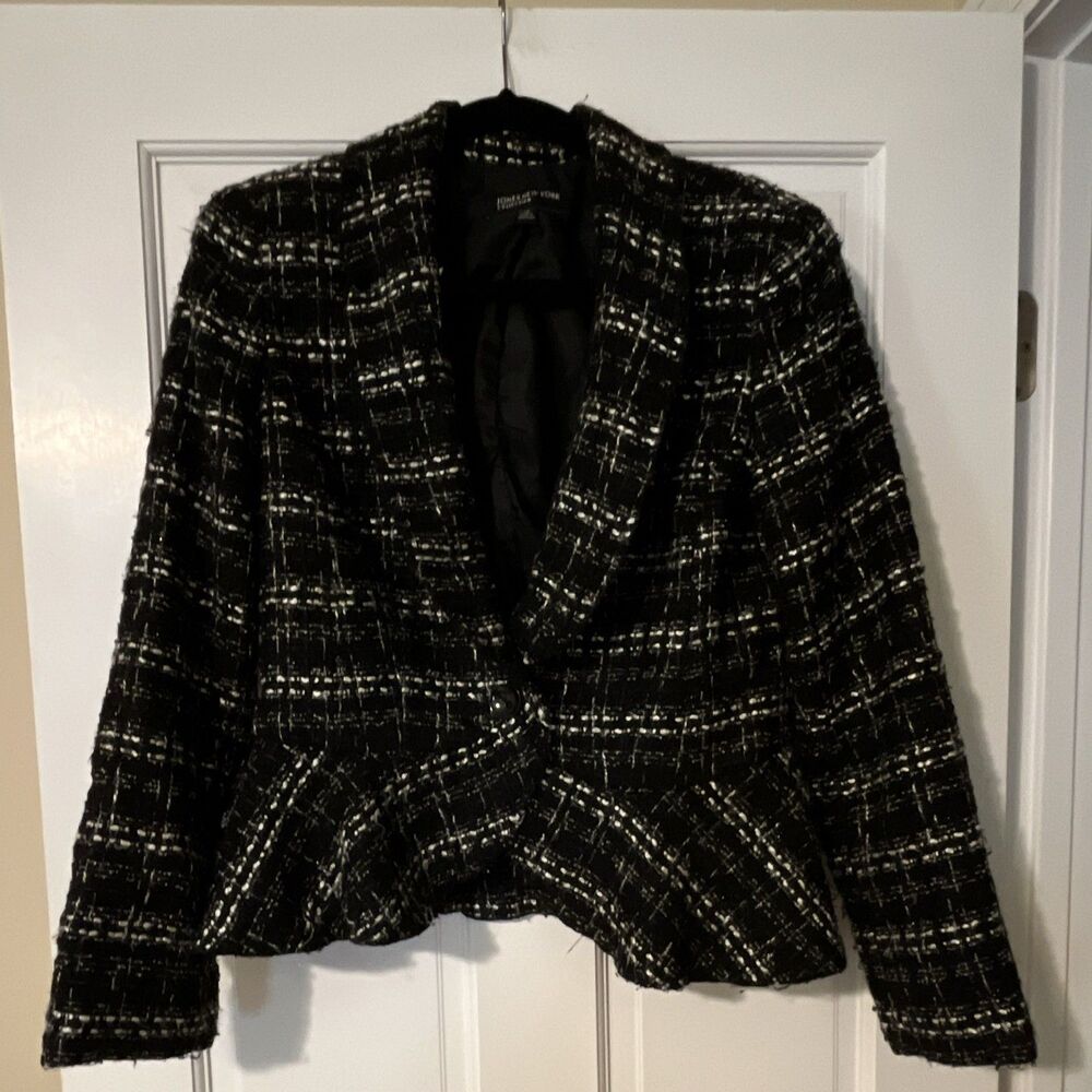 Jones New York Women's 10 Plaid Jacket Black/White Button Lined Wool Blend Short